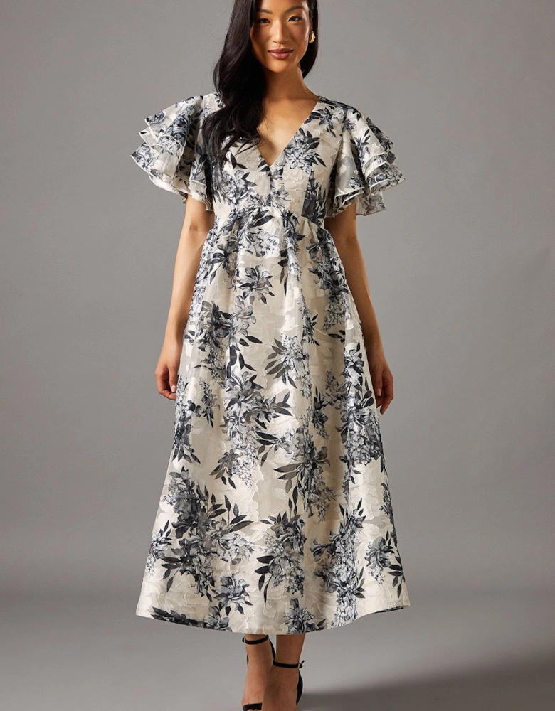 V Neck Flutter Sleeve Jacquard Midi Dress