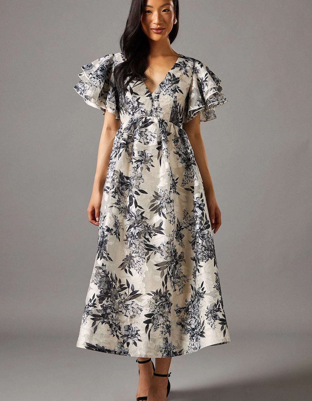 V Neck Flutter Sleeve Jacquard Midi Dress, 2 of 1