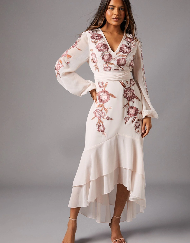 Petite Sequin Embellished And Embroidered Hi-Lo Maxi Dress