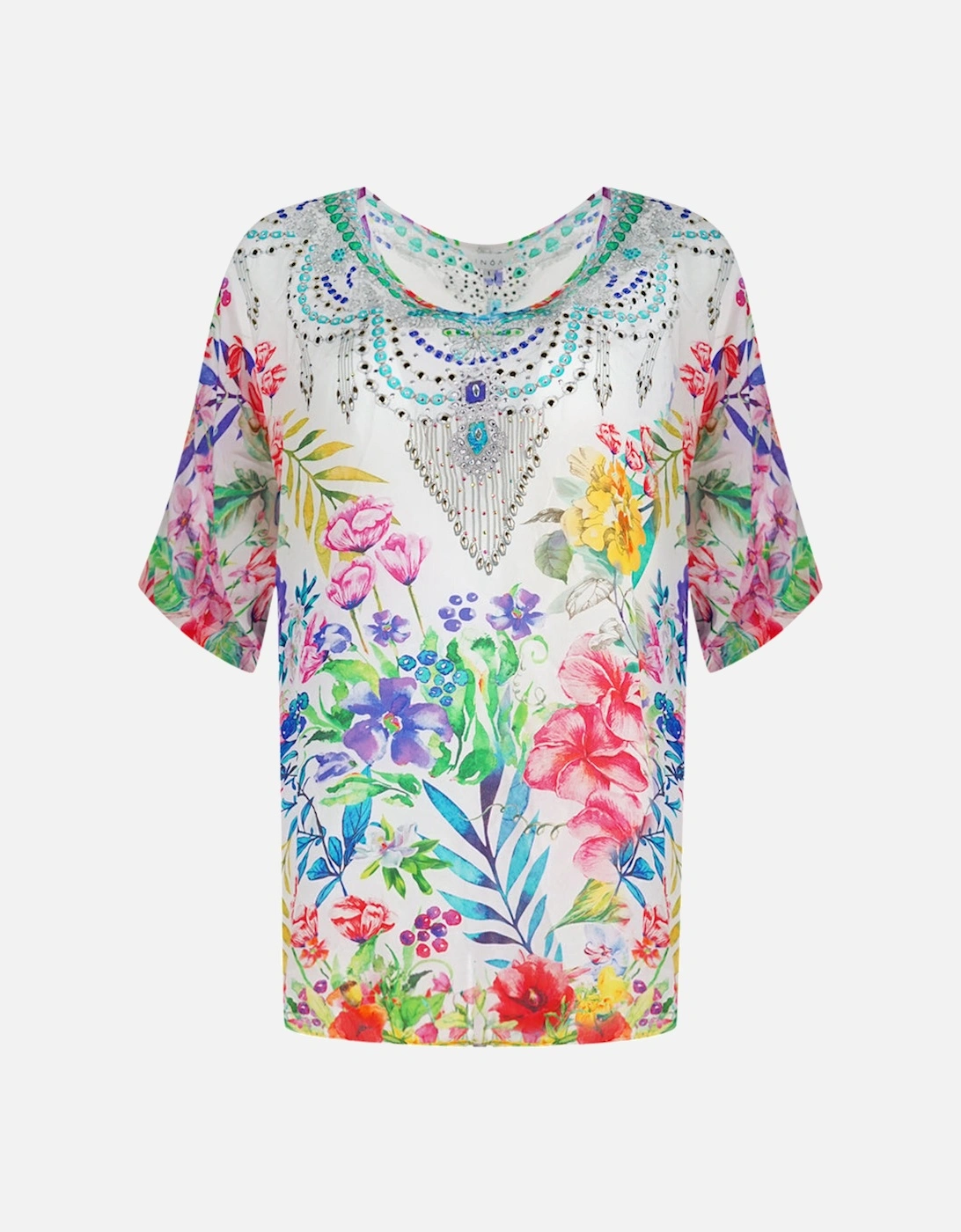White Floral Multicoloured Long Sleeve Silk Fish Top, 3 of 2