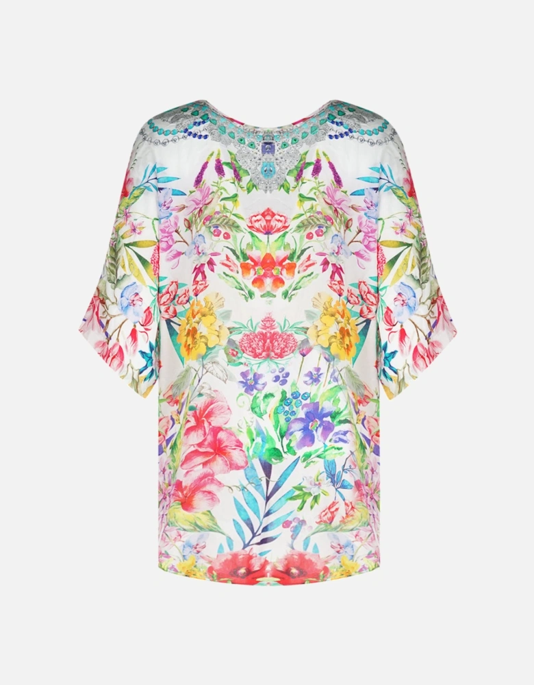 White Floral Multicoloured Long Sleeve Silk Fish Top