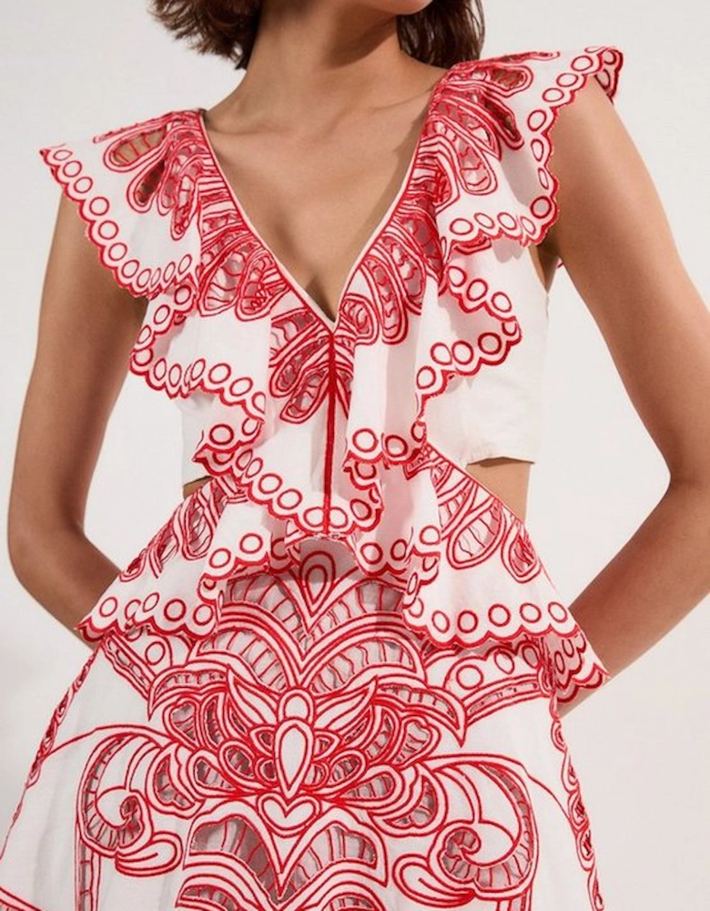 Cutwork Embroidered Ruffle Woven Dress