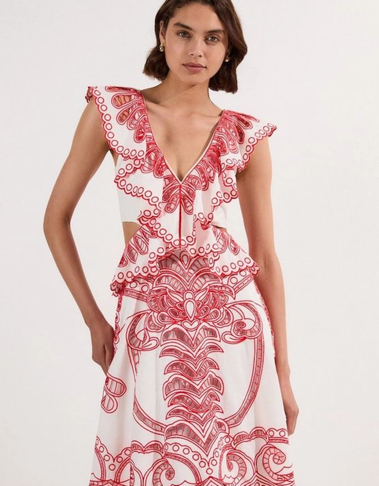 Cutwork Embroidered Ruffle Woven Mini Dress