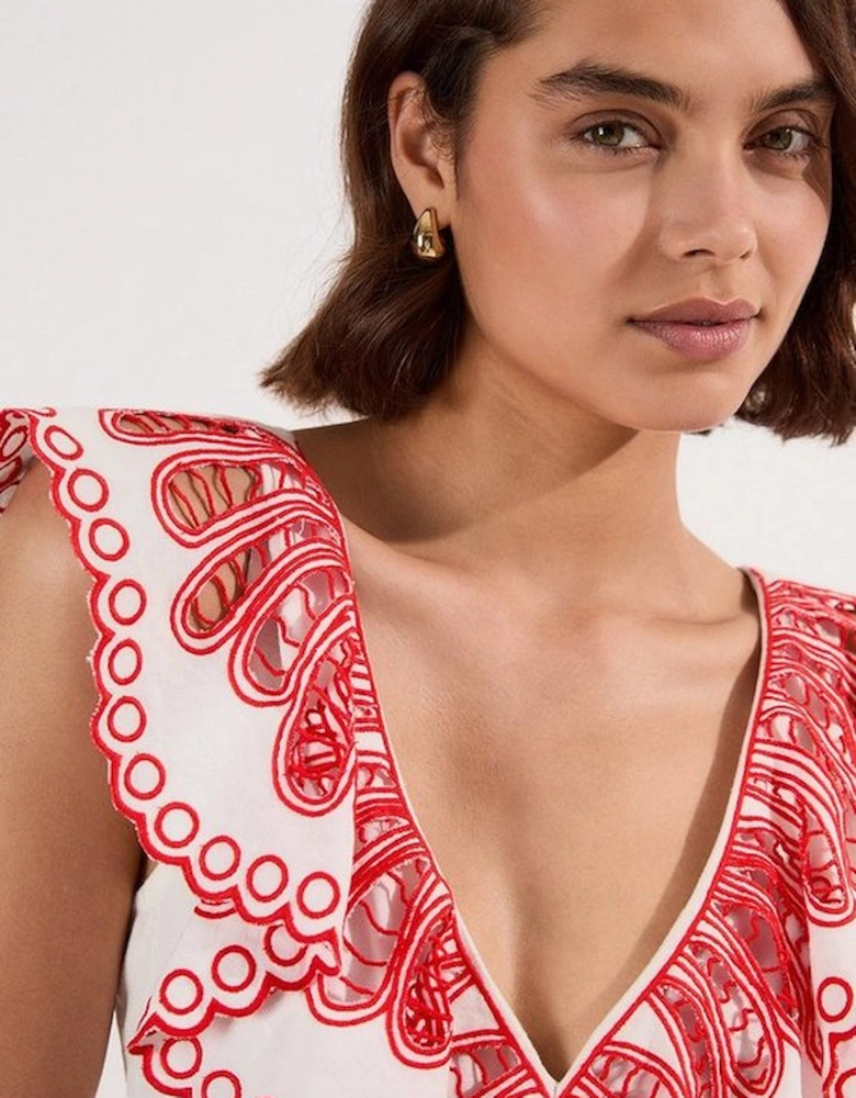 Cutwork Embroidered Ruffle Woven Mini Dress