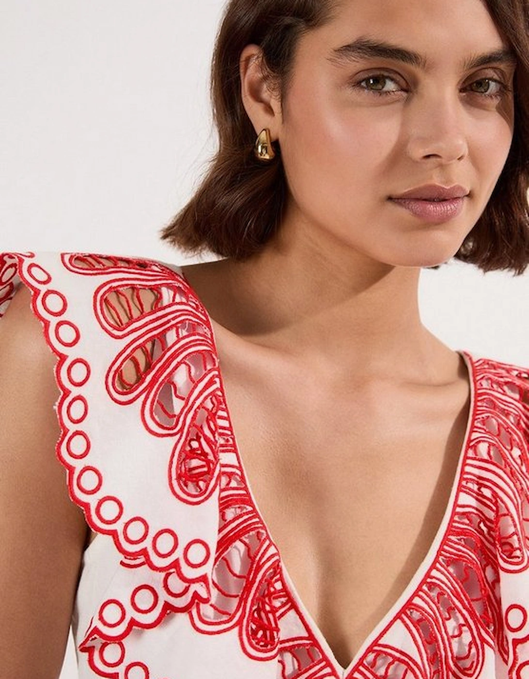 Cutwork Embroidered Ruffle Woven Mini Dress