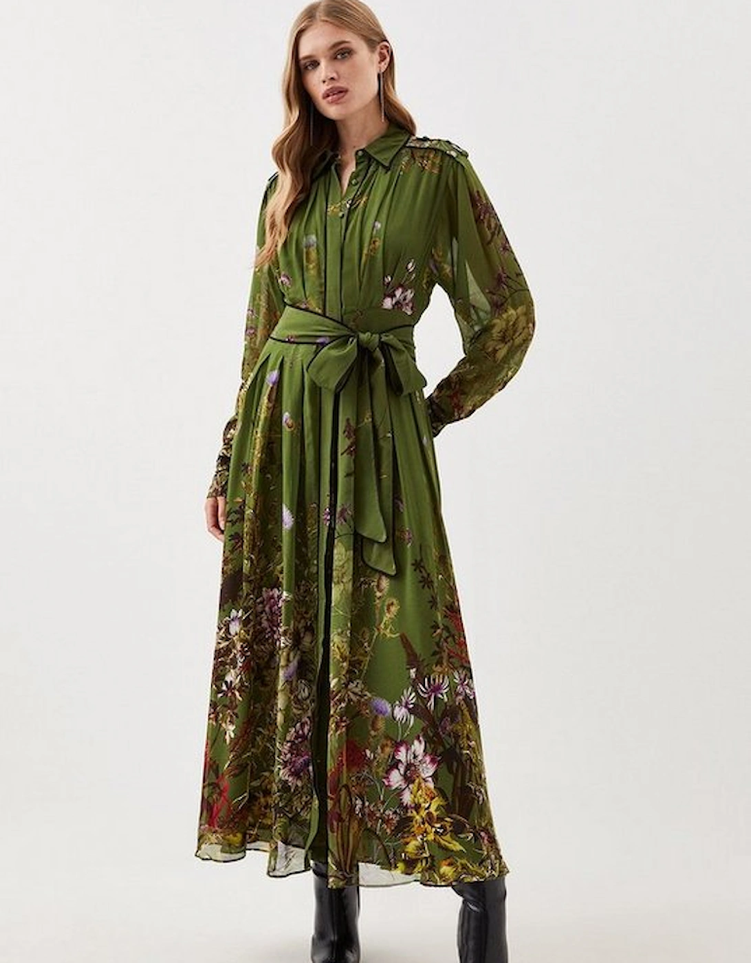 Lydia Millen Petite Viscose Floral Border Woven Shirt Midi Dress