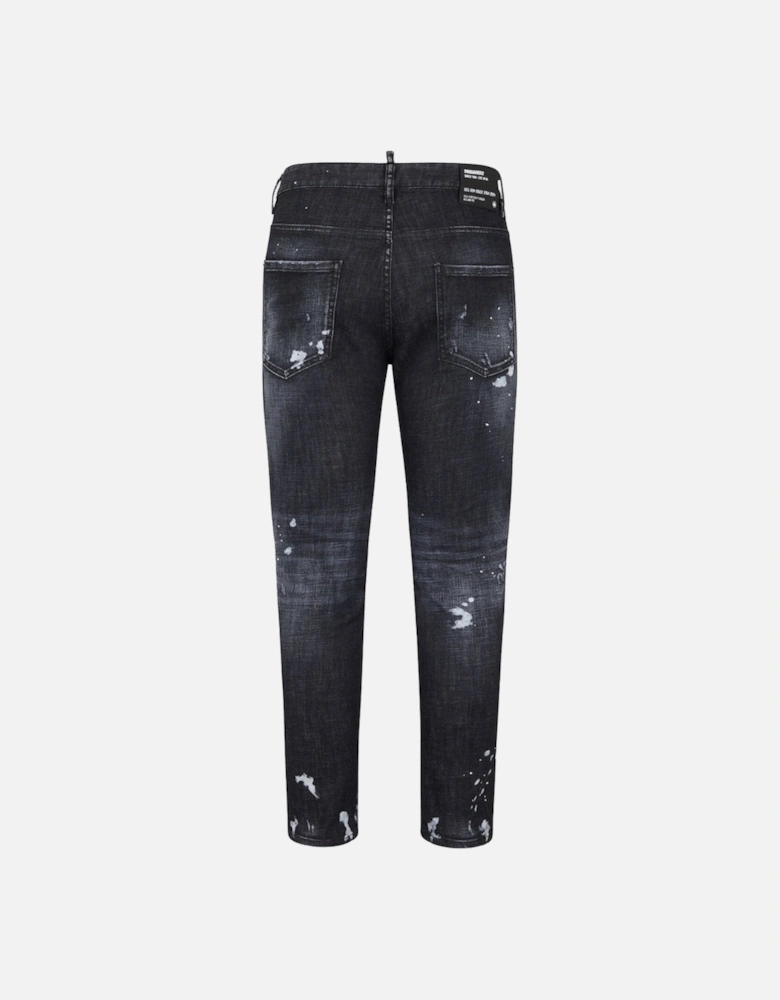 Skater Jean Ripped Thighs Paint Splatter Black Wash Jeans