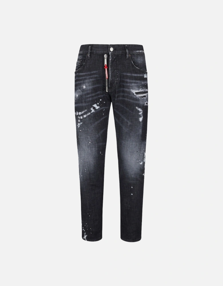 Skater Jean Ripped Thighs Paint Splatter Black Wash Jeans