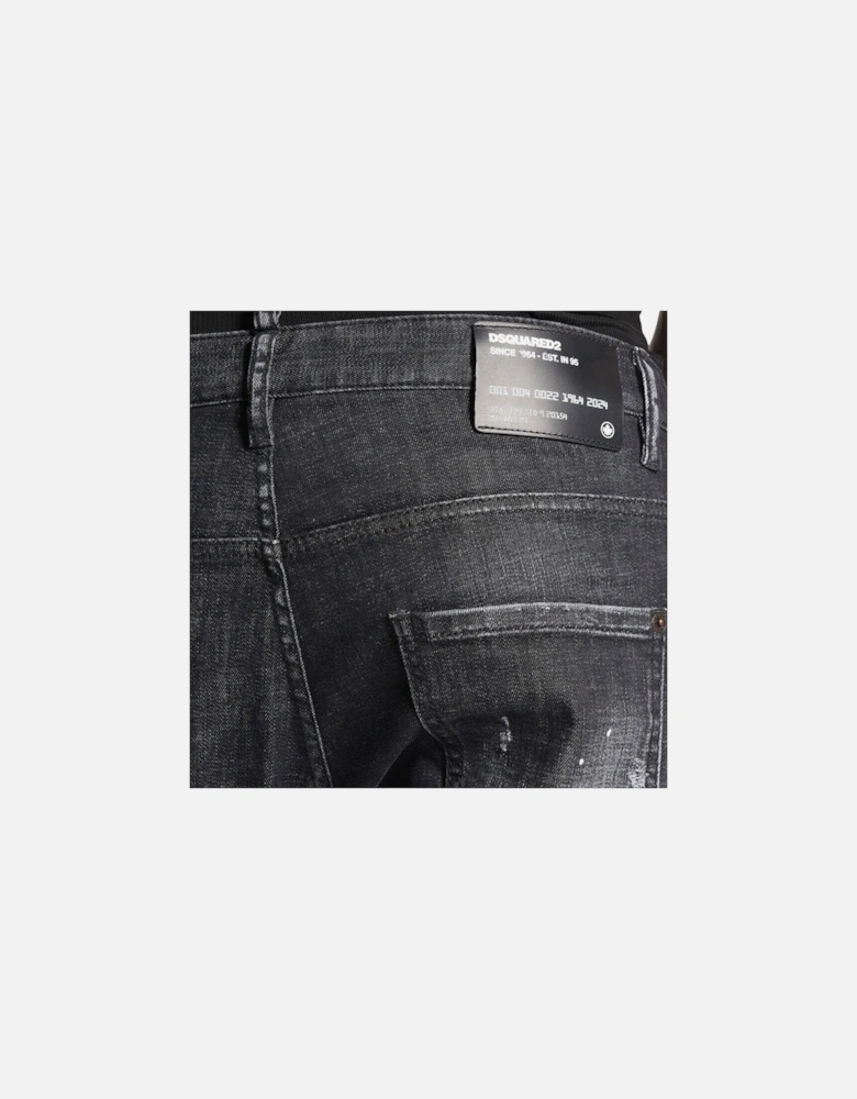 Skater Jean Ripped Thighs Paint Splatter Black Wash Jeans