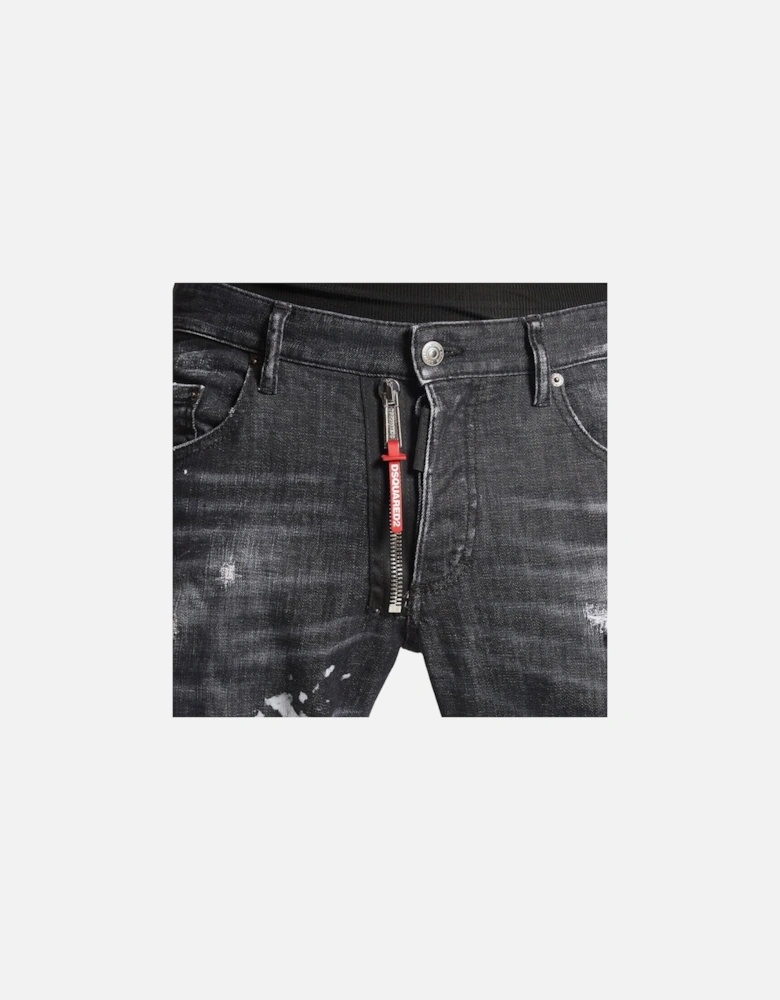 Skater Jean Ripped Thighs Paint Splatter Black Wash Jeans