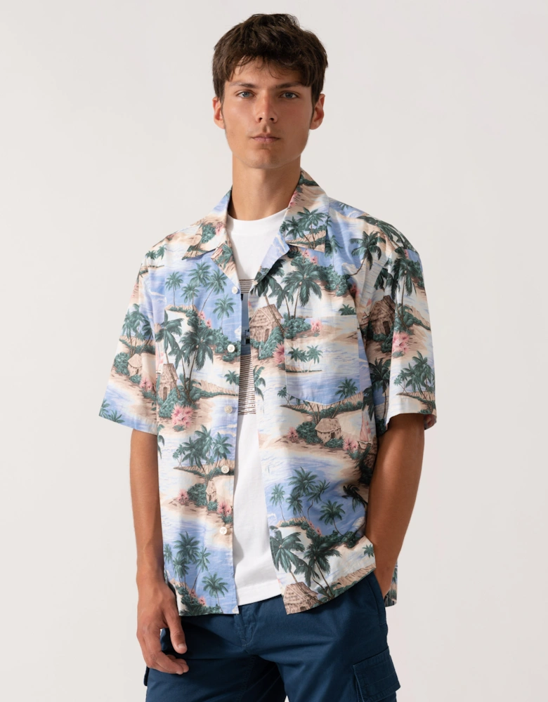 Mens Resort Island Print Short Sleeve Shirt - 419 Perfect Blue