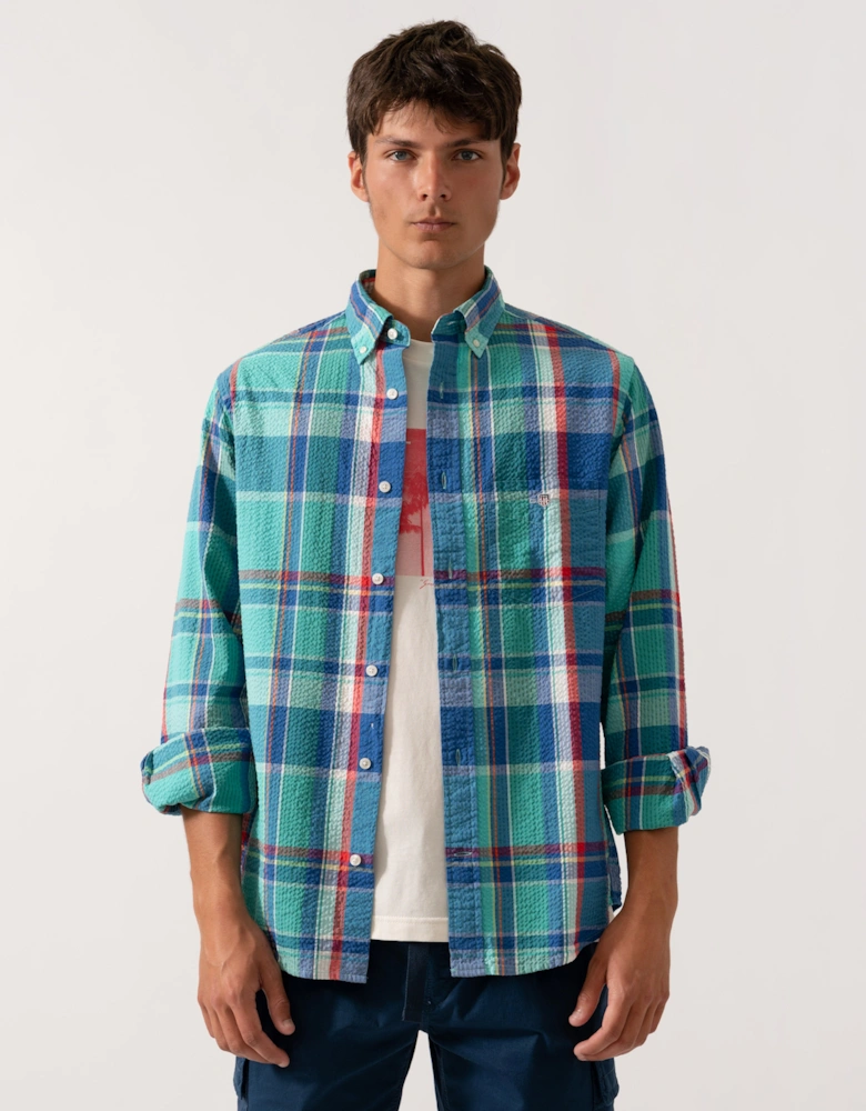 Mens Regular Fit Seersucker Madras Shirt with Shield Logo 353 Tropic Blue