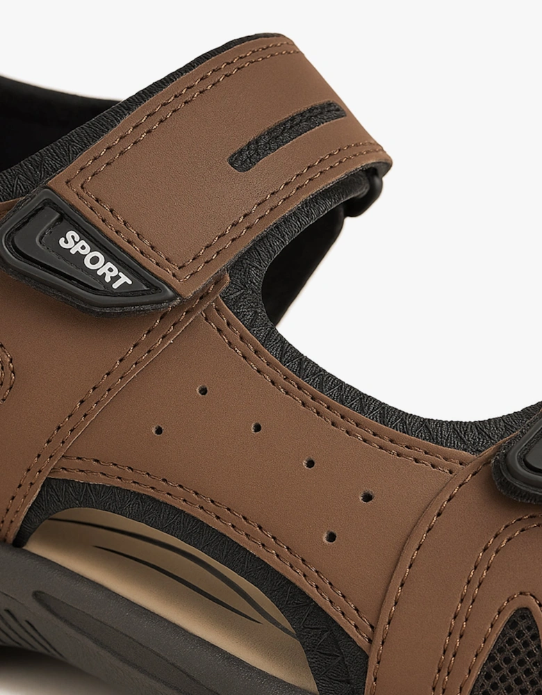 BROWN PU 3 Touch Fastening Adjustable Sports Sandal