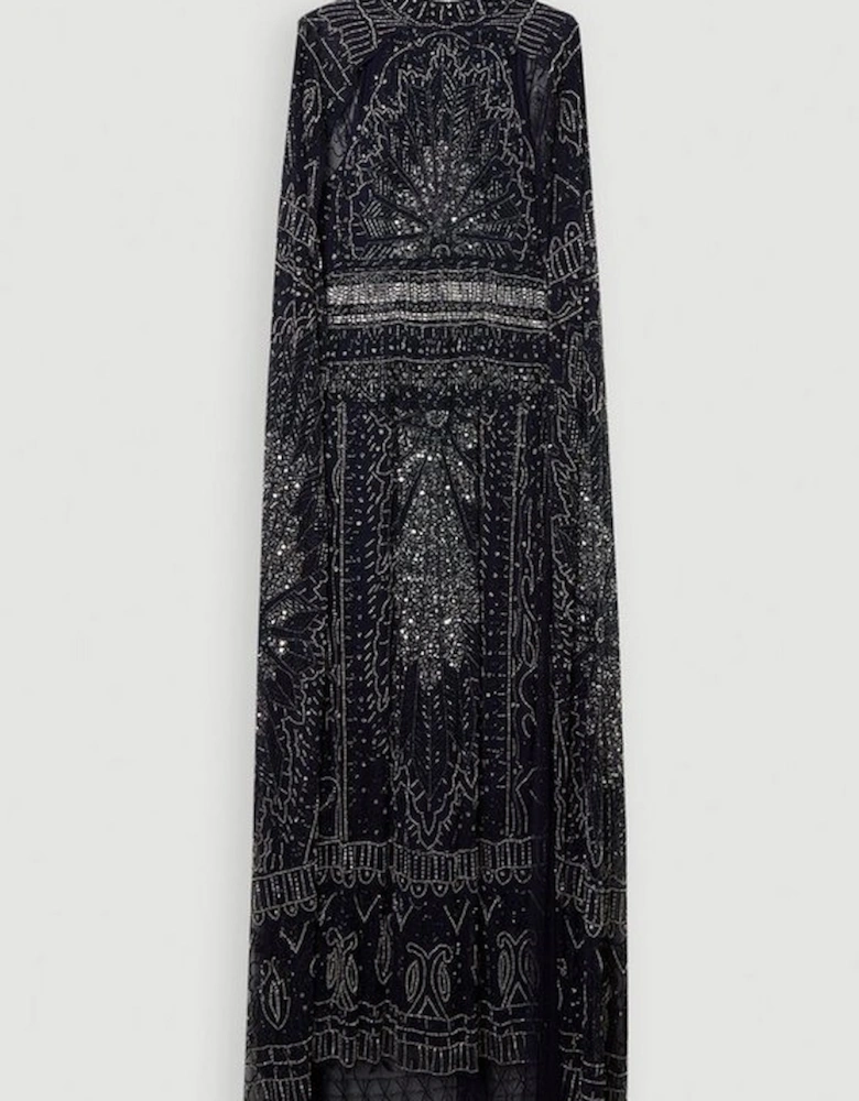 Premium Embellished High Neck Woven Maxi Dress With Cape