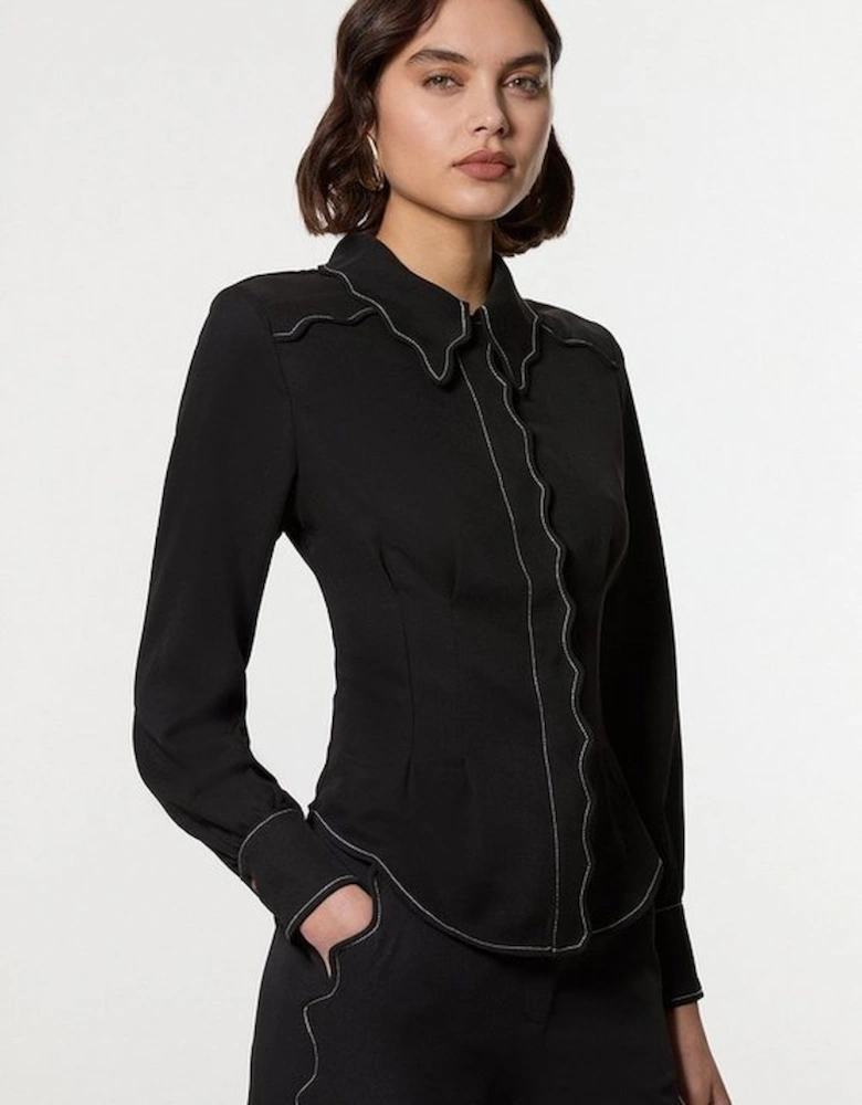 Scallop Trim Twill Woven Crepe Blouse