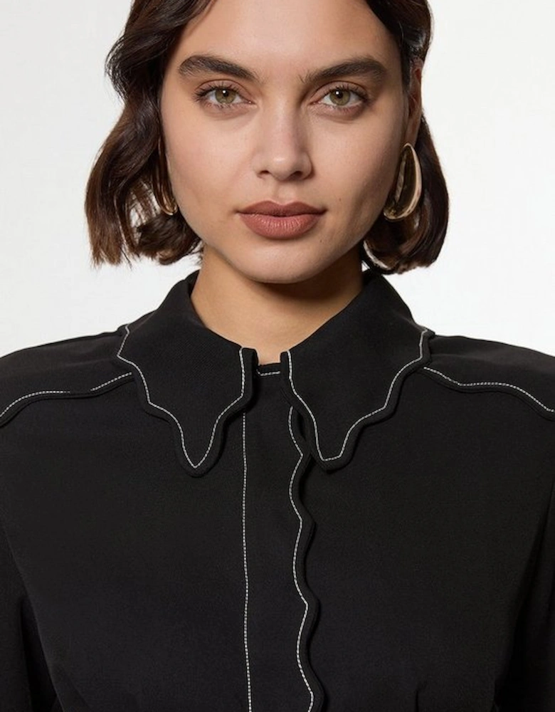 Scallop Trim Twill Woven Crepe Blouse