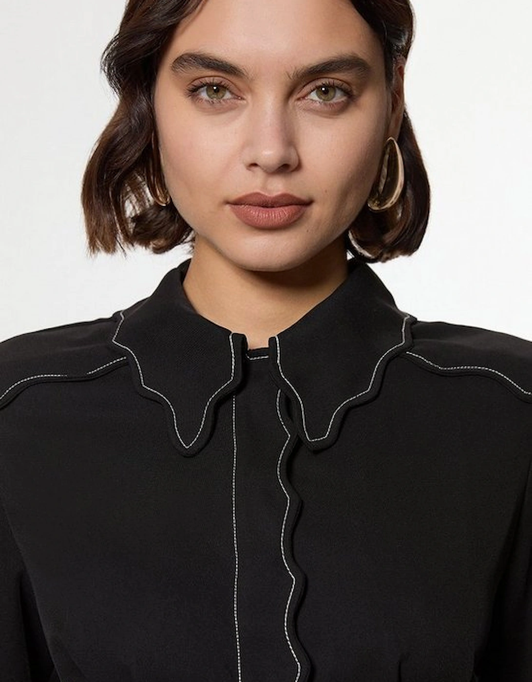 Scallop Trim Twill Woven Crepe Blouse