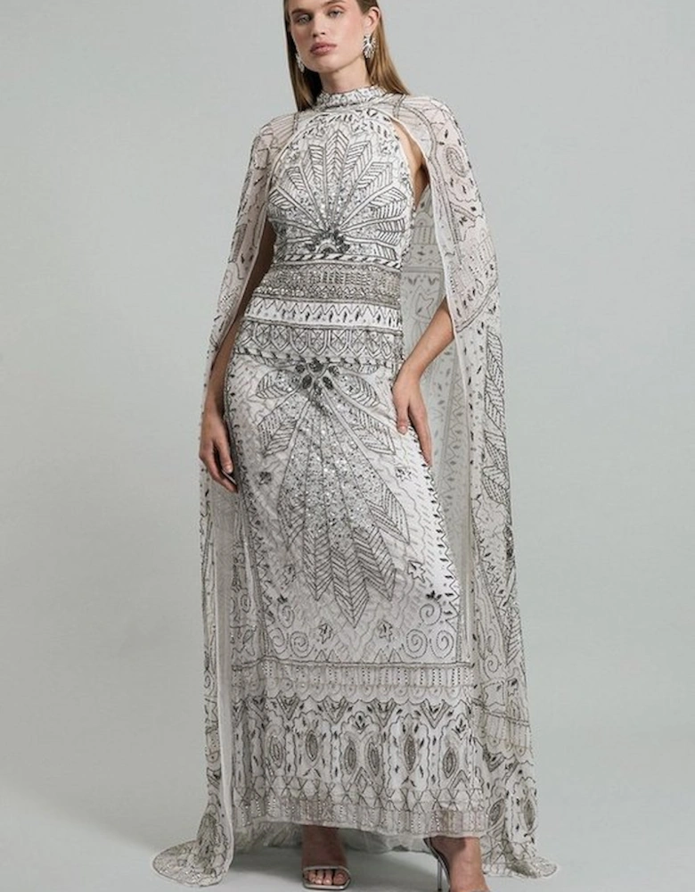 Premium Embellished High Neck Woven Maxi Dress With Cape