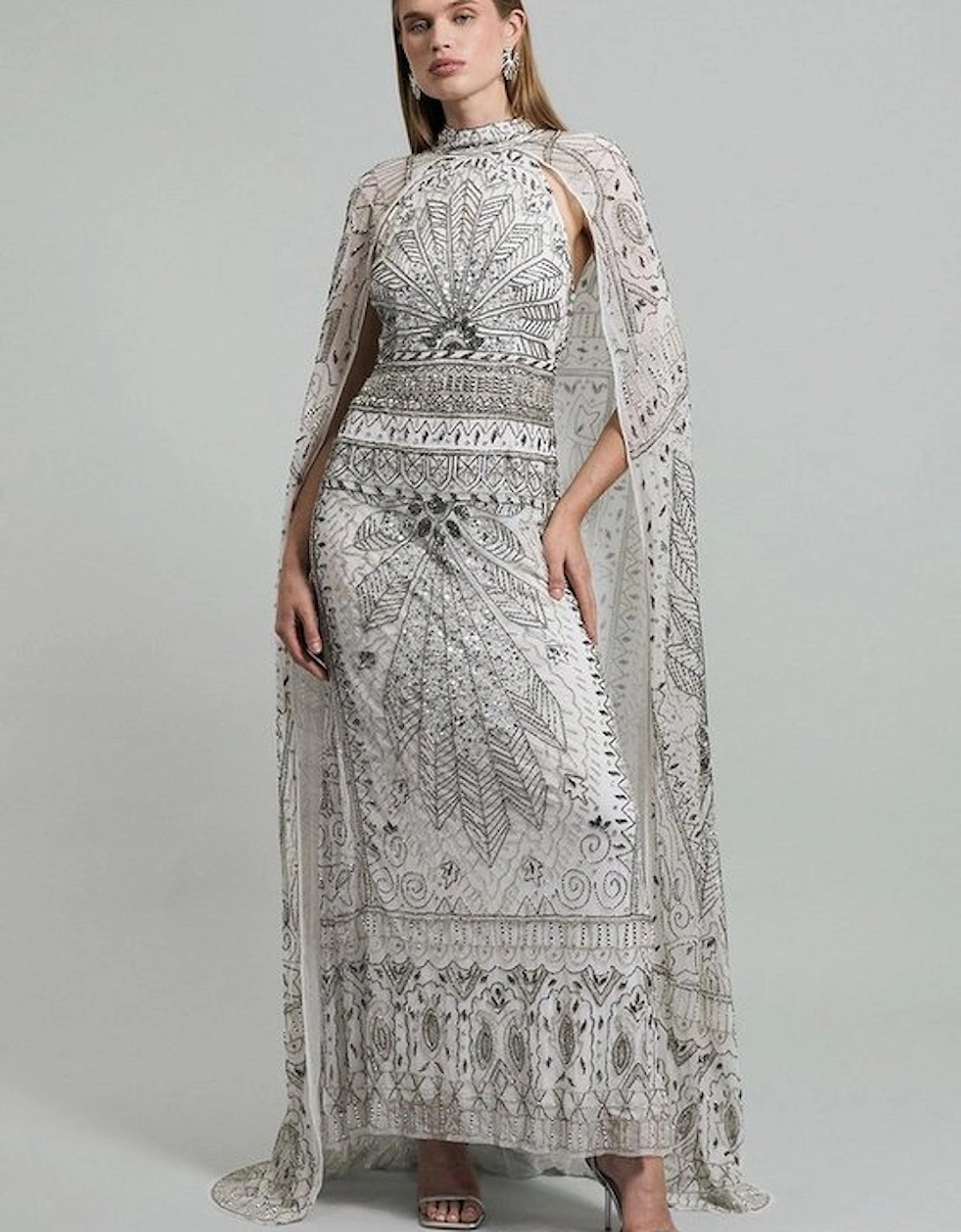 Premium Embellished High Neck Woven Maxi Dress With Cape