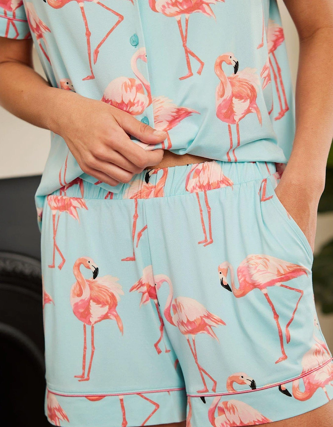 V Neck Short Sleeve Button Up Short Pyjama Set - Flamingo Print