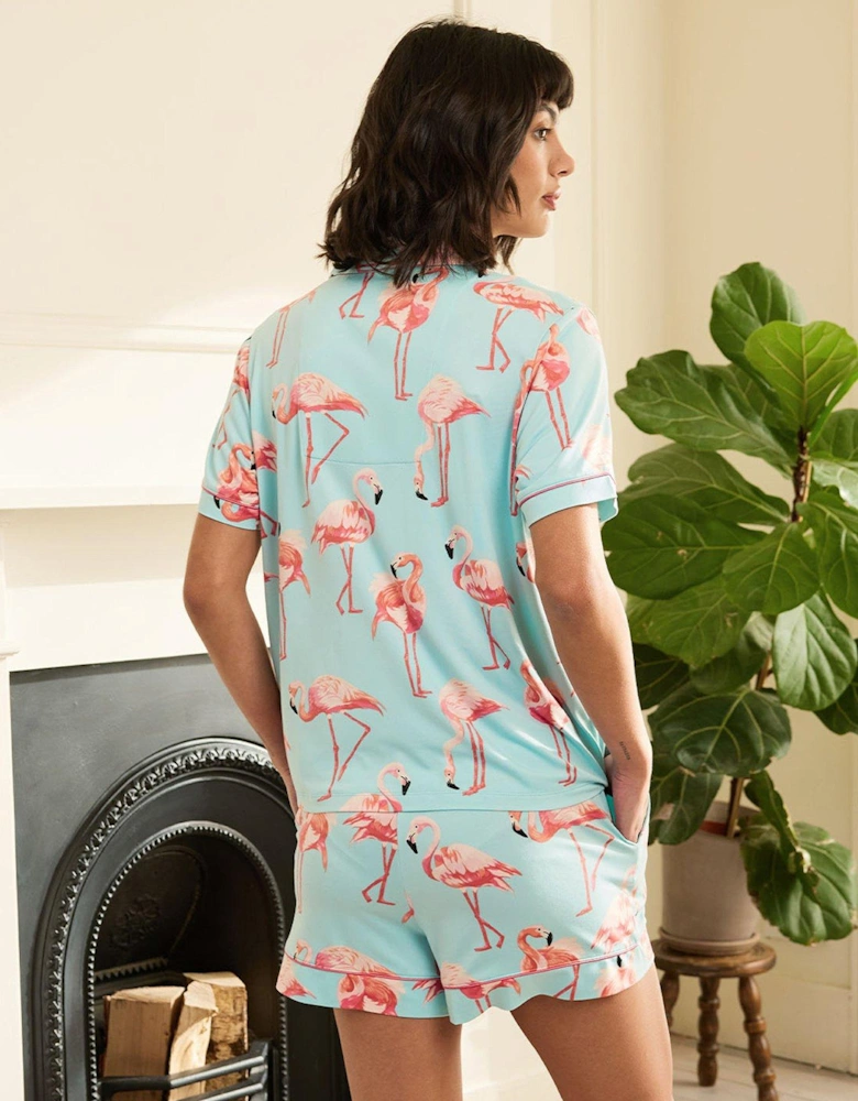 V Neck Short Sleeve Button Up Short Pyjama Set - Flamingo Print