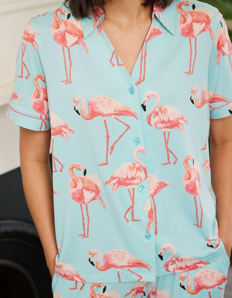 V Neck Short Sleeve Button Up Short Pyjama Set - Flamingo Print