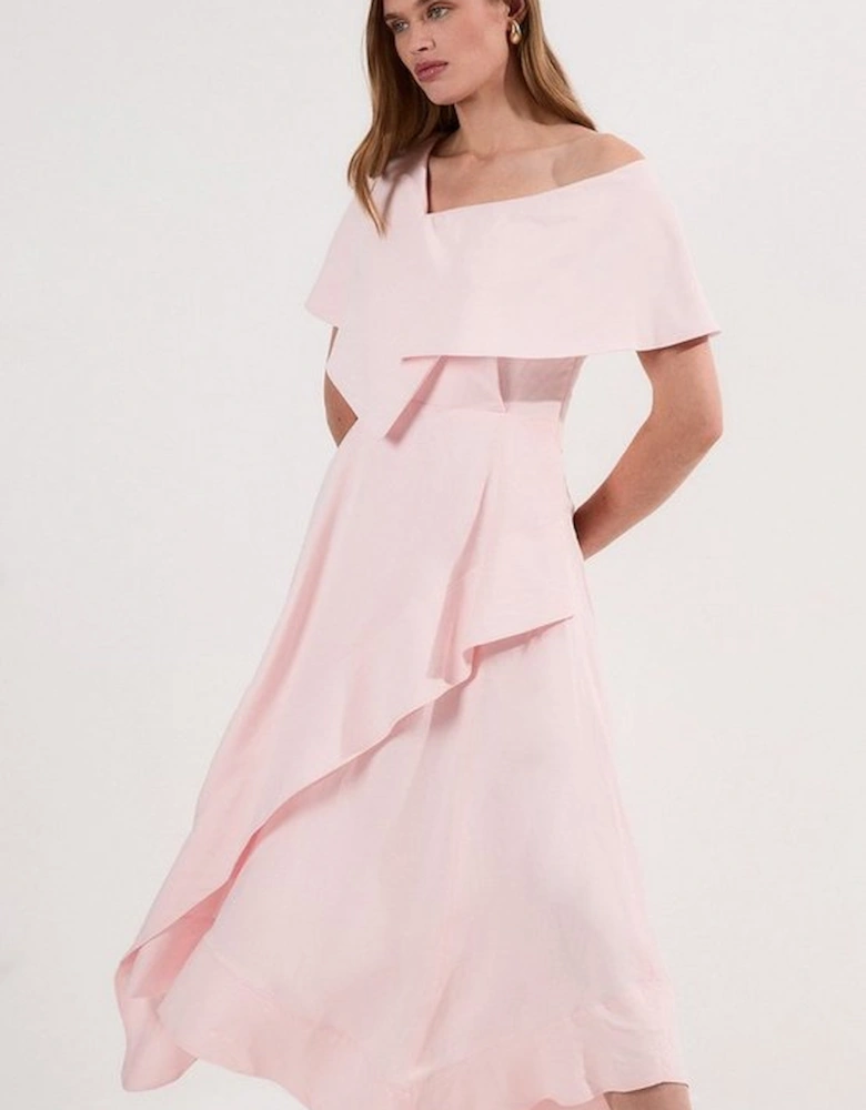 Premium Tailored Linen Asymmetric Shoulder Full Midi Dress