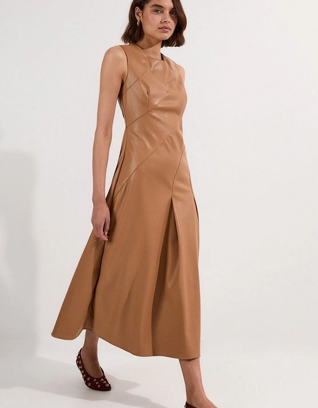 Faux Leather Seam Detail Full Midi Dress, 2 of 1