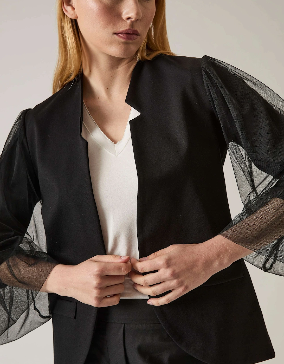 Tulle Sleeve Black Blazer - VIP