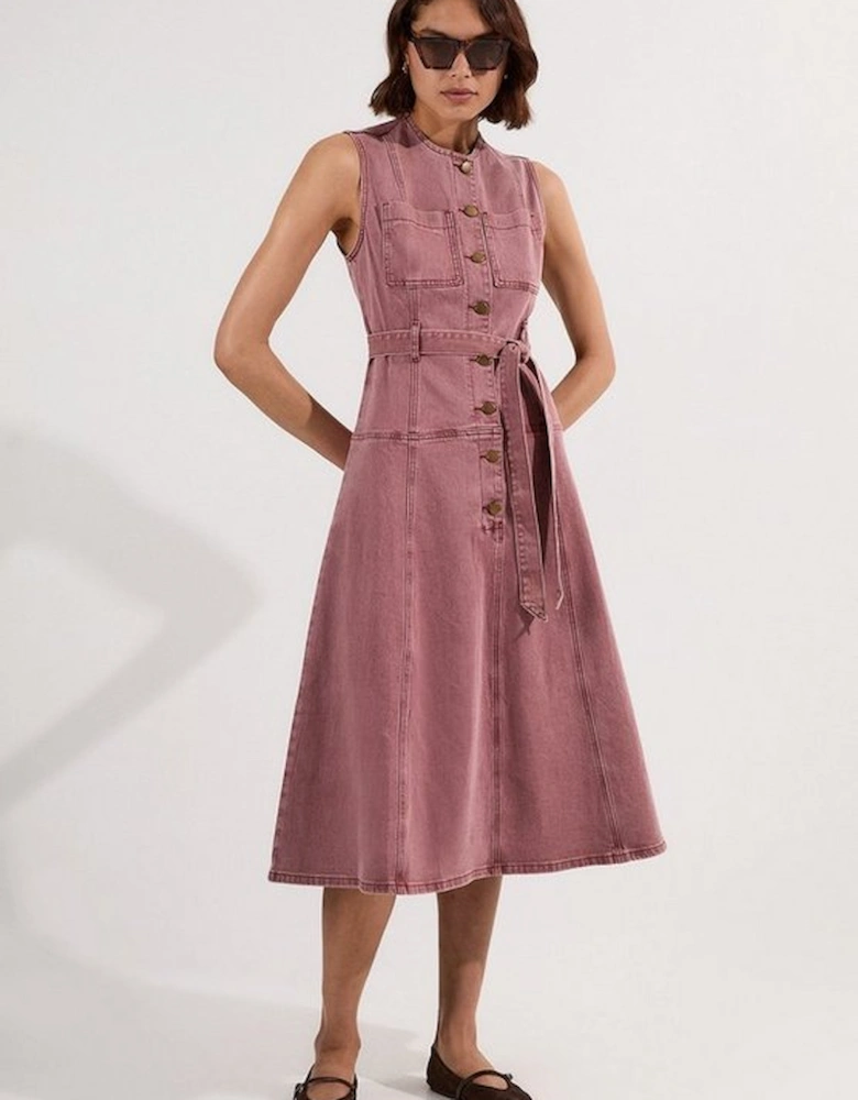Coloured Denim Belted Midi Dress