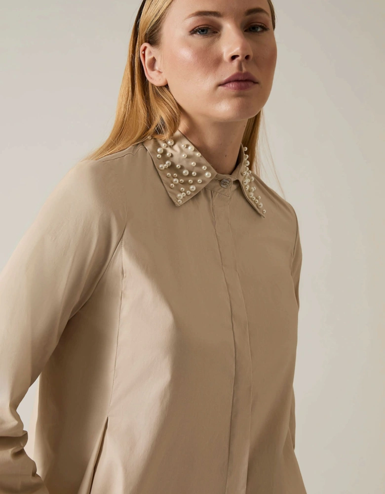 Pearl Collar Beige Cotton Shirt - VIP