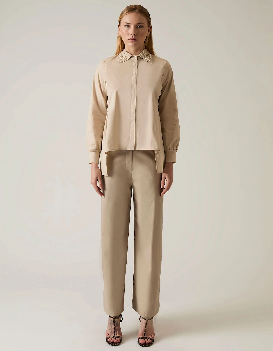 Pearl Collar Beige Cotton Shirt, 8 of 7
