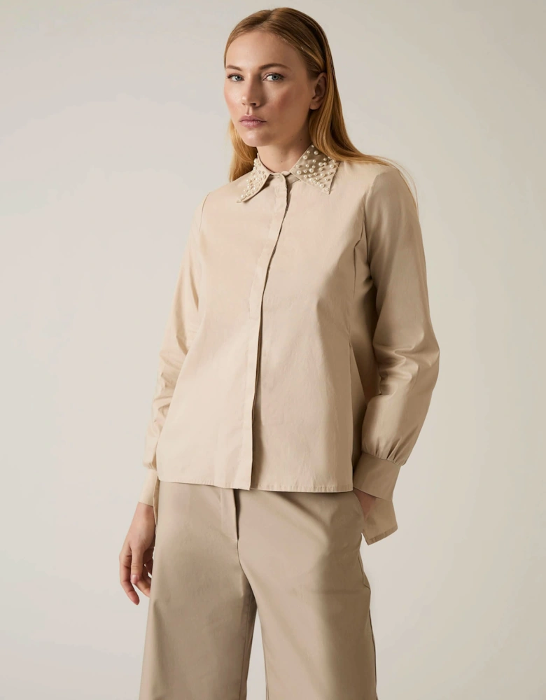 Pearl Collar Beige Cotton Shirt - VIP