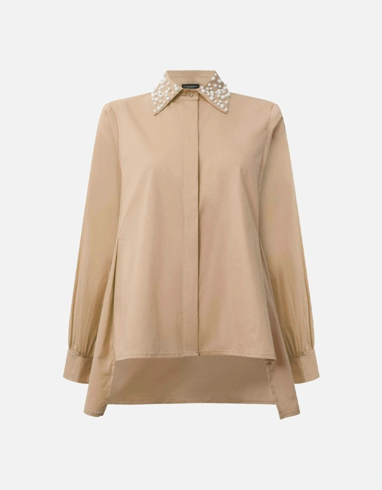 Pearl Collar Beige Cotton Shirt - VIP