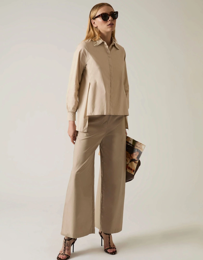 Pearl Collar Beige Cotton Shirt - VIP