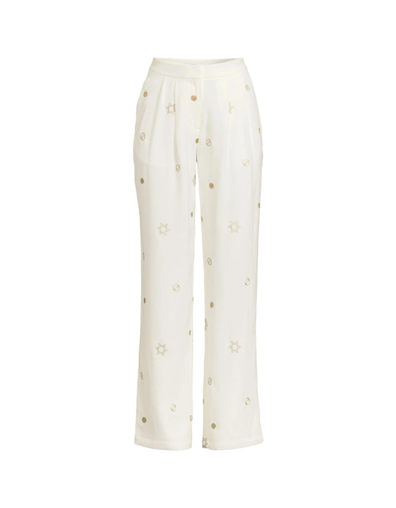 Woven Sun & Moon Loose Soft Trouser  - White