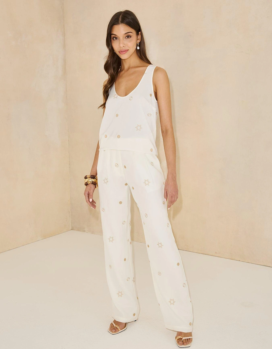 Woven Sun & Moon Loose Soft Trouser  - White