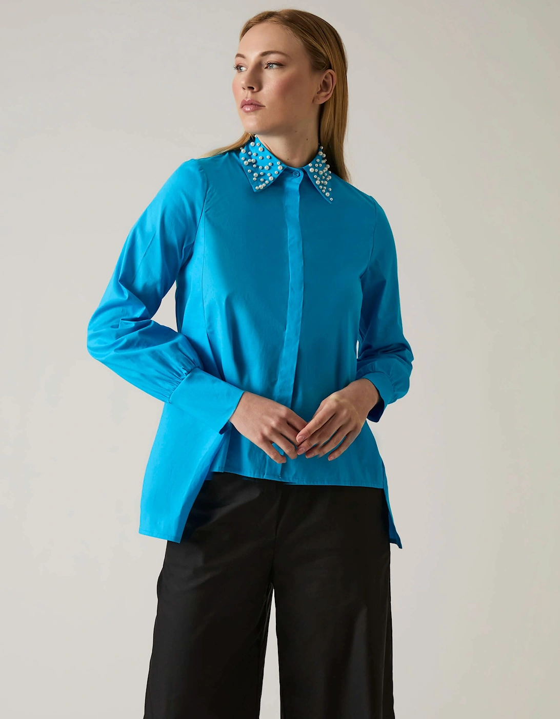 Pearl Collar Turquoise Cotton Shirt