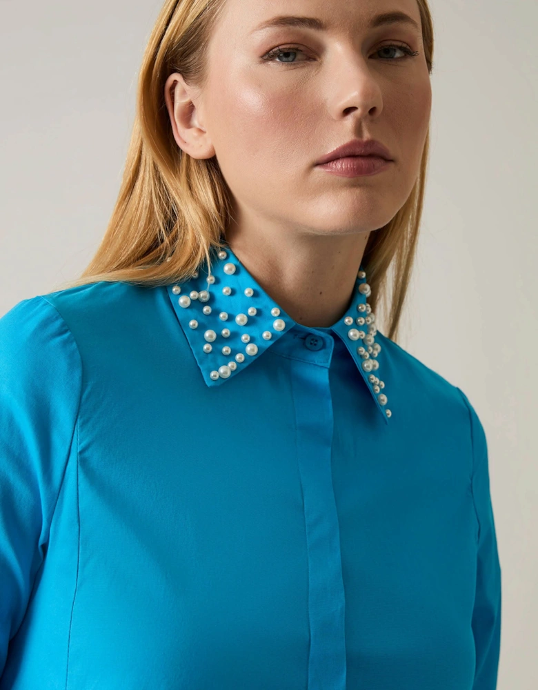 Pearl Collar Turquoise Cotton Shirt