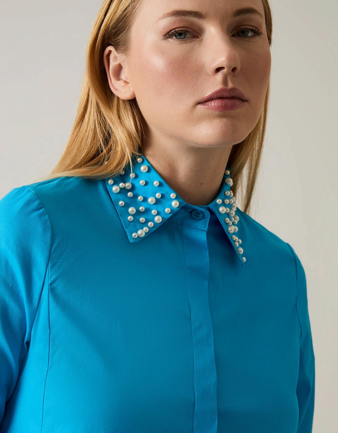 Pearl Collar Turquoise Cotton Shirt