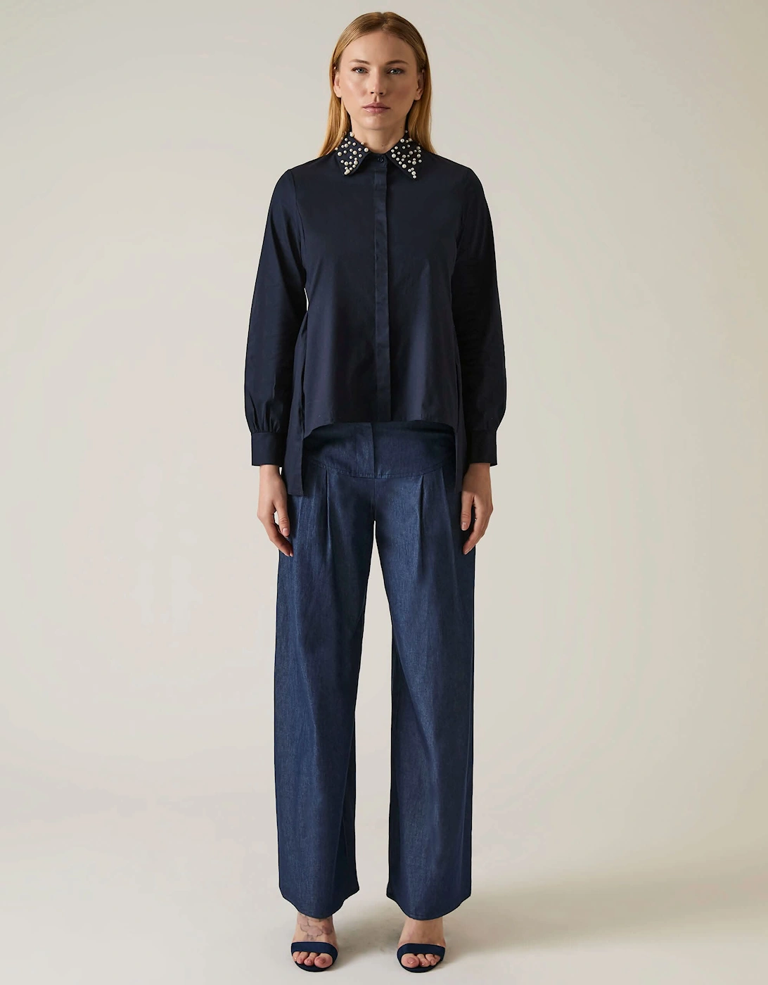 Pearl Collar Navy Cotton Shirt, 8 of 7