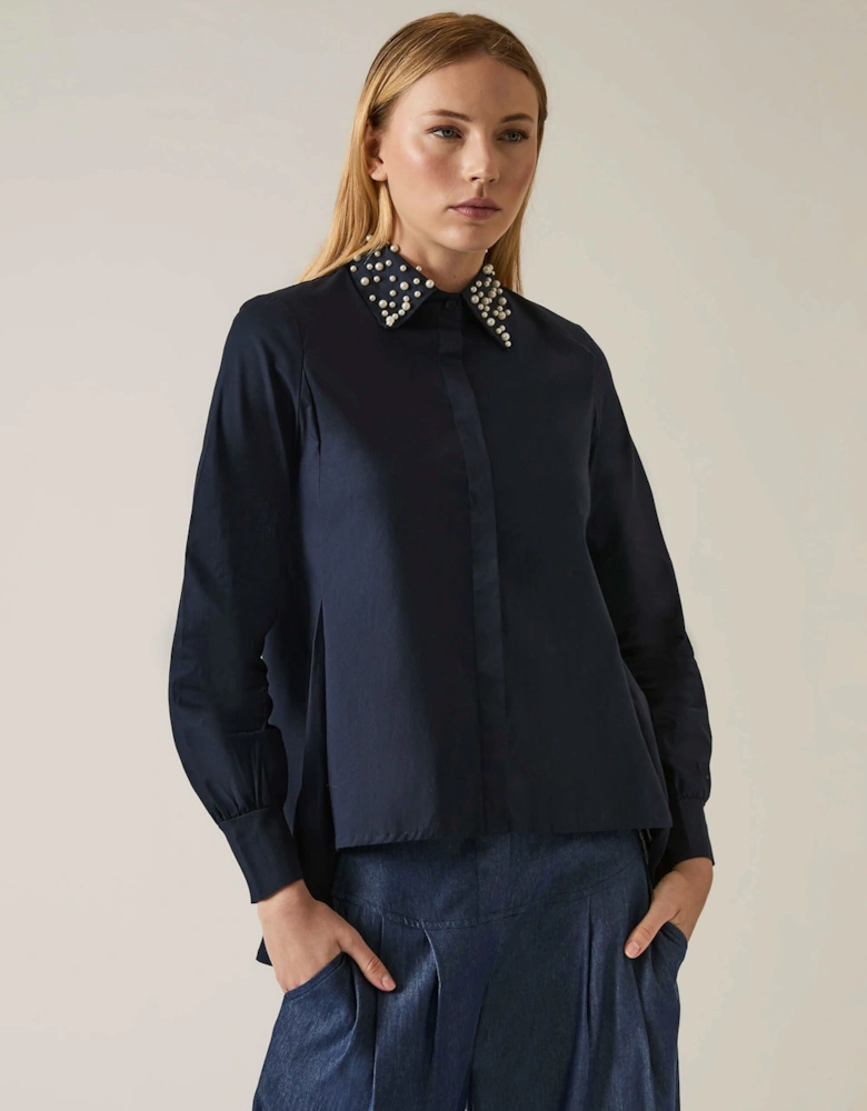 Pearl Collar Navy Cotton Shirt