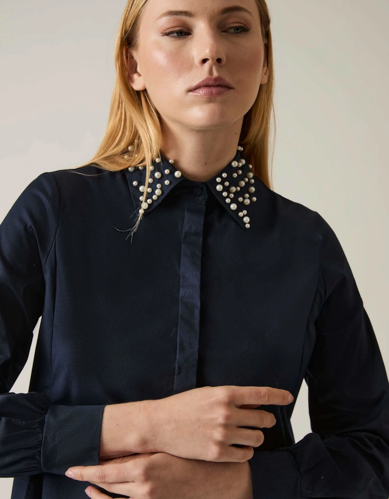 Pearl Collar Navy Cotton Shirt
