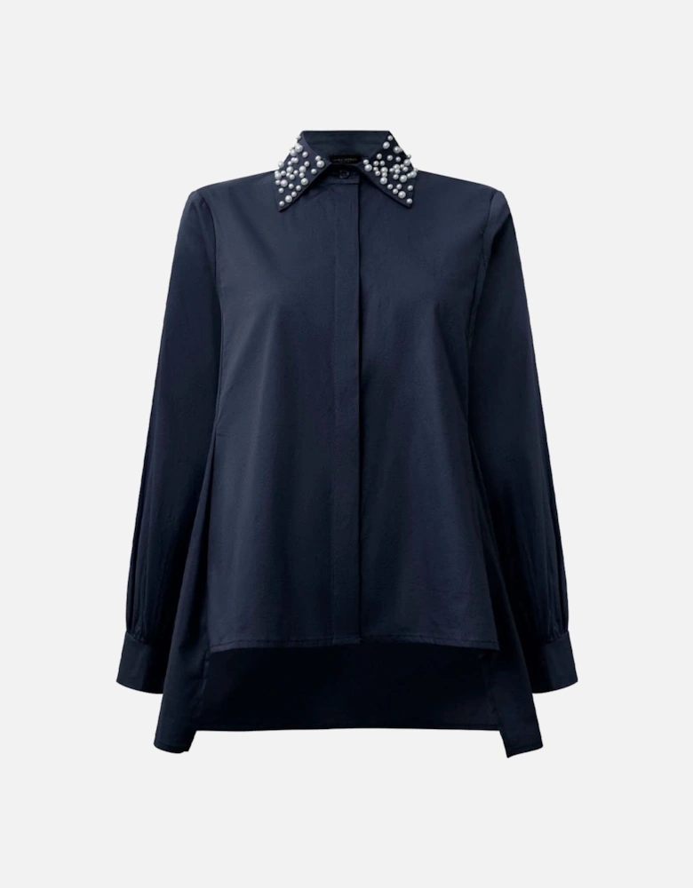 Pearl Collar Navy Cotton Shirt