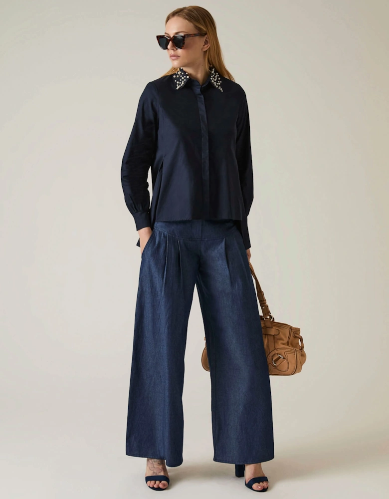 Pearl Collar Navy Cotton Shirt