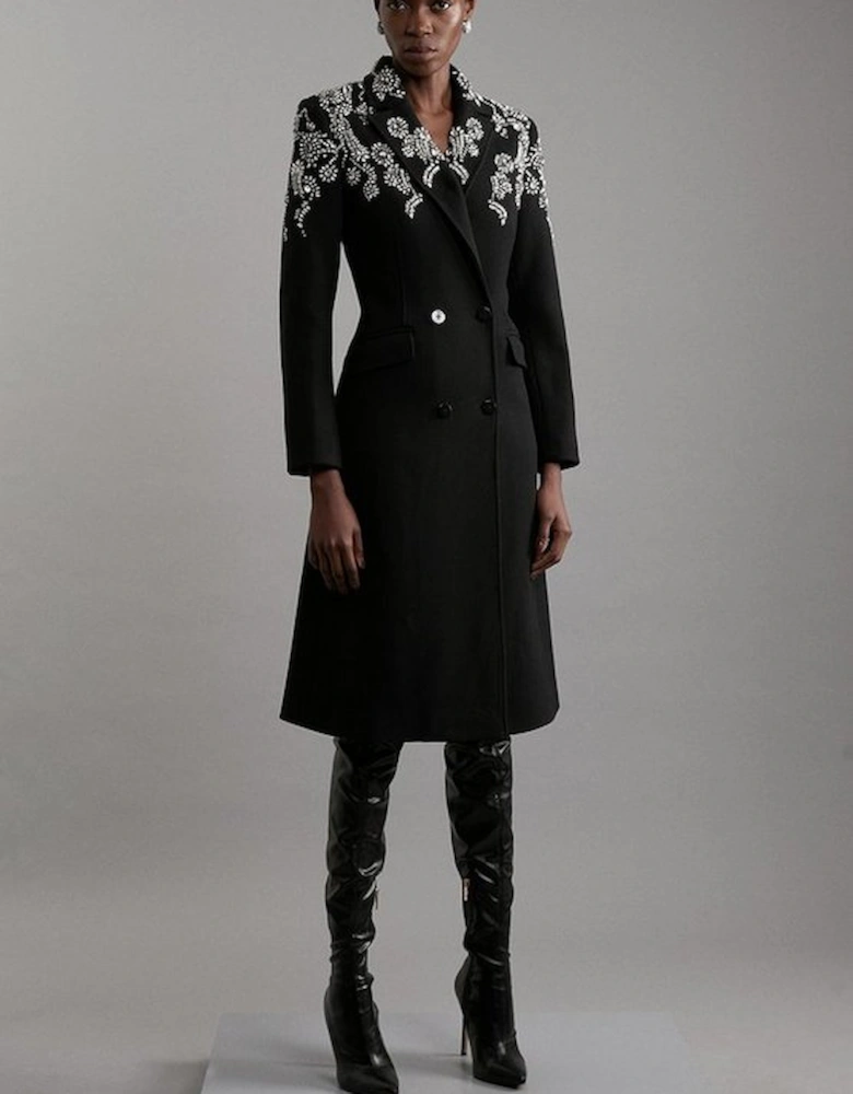 Tailored Wool Embellished Double Breasted Midi Coat