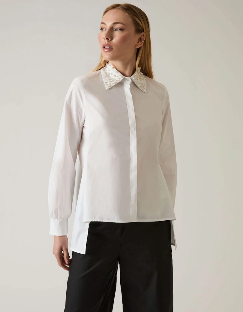 Pearl Collar White Cotton Shirt  - VIP