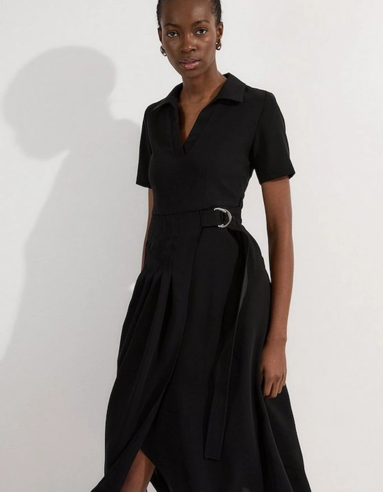 Petite Soft Tailored Pleated Belted Midi Dress