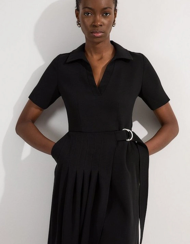 Petite Soft Tailored Pleated Belted Midi Dress