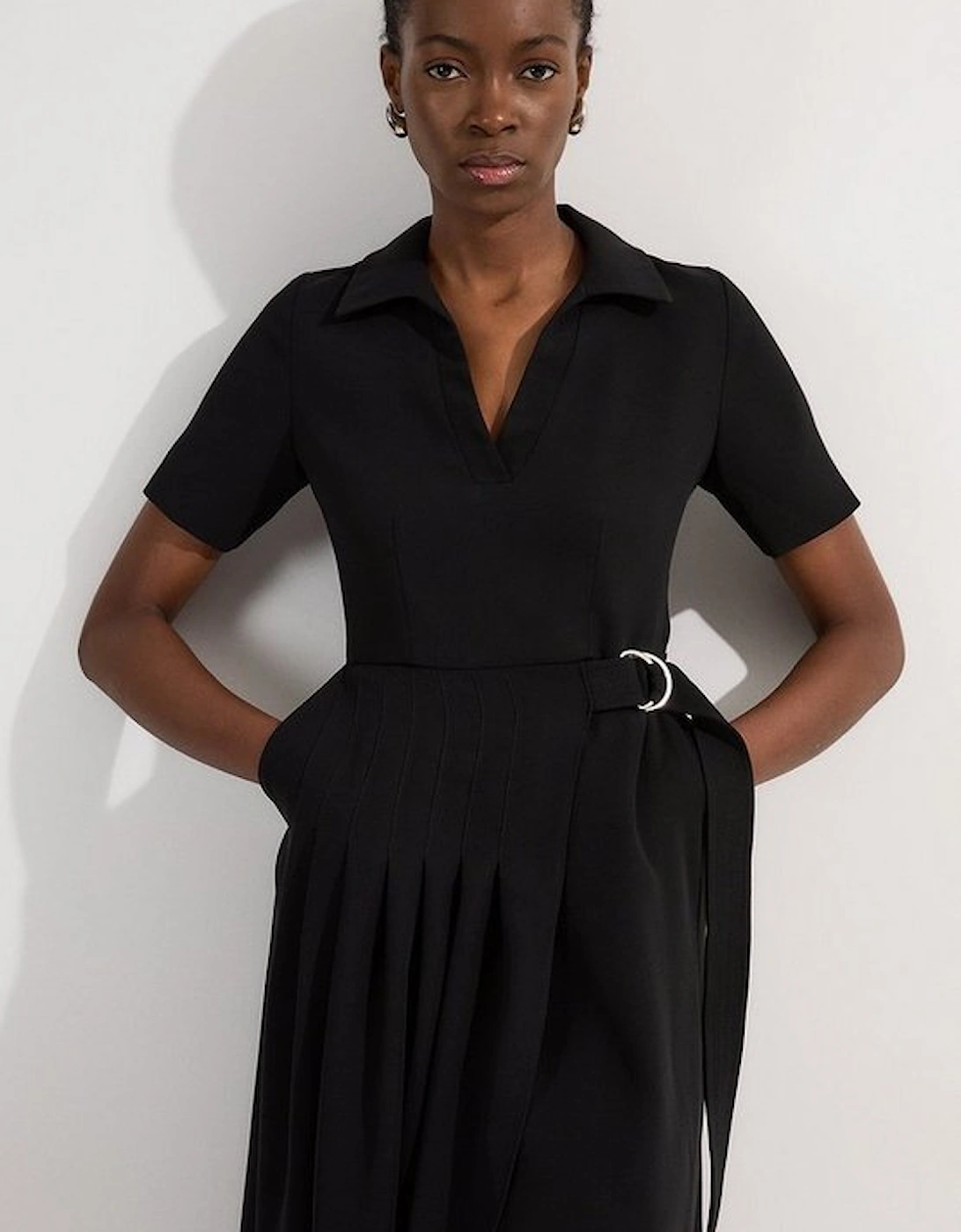 Petite Soft Tailored Pleated Belted Midi Dress